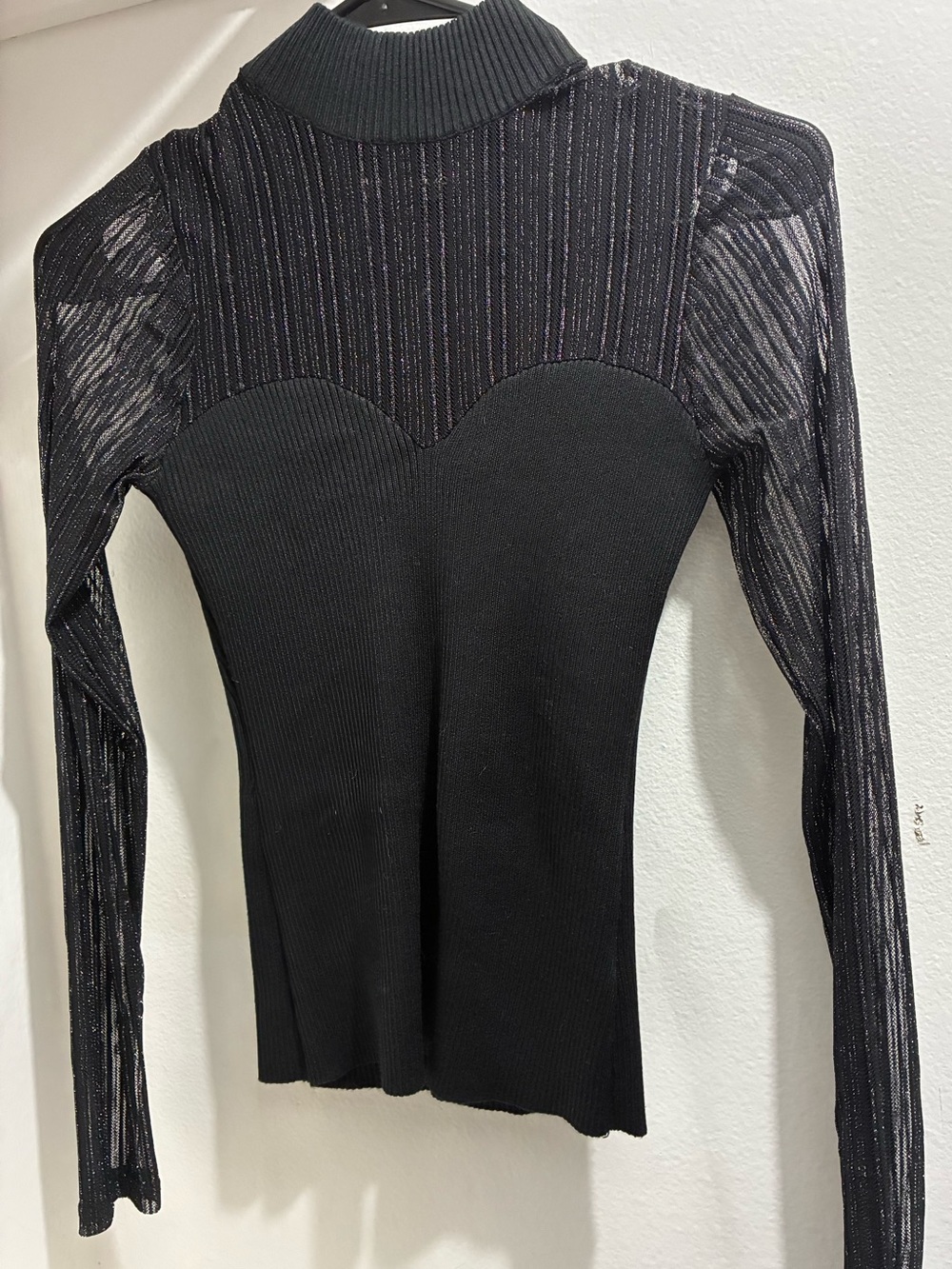 Black Ribbed Mock Neck Long Sleeve Top with Sheer Stripes
